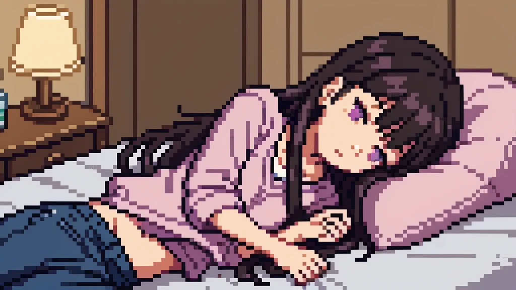 One girl, 20 years old, downtrodden girl, tired girl, confused girl, uncertain posture, long hair, black hair, brown hair. eyes with a transition from blue to purple, dark hair, anime style, 4k image, full body, modern appearance. all the details have been worked out, modern clothes, full-fledged clothes, baggy clothes, cheap clothes, detailed face, lots of details, very detailed, deep, elaborate facial expression, in the apartment, sleeping in bed, lying on the bed, sleeping