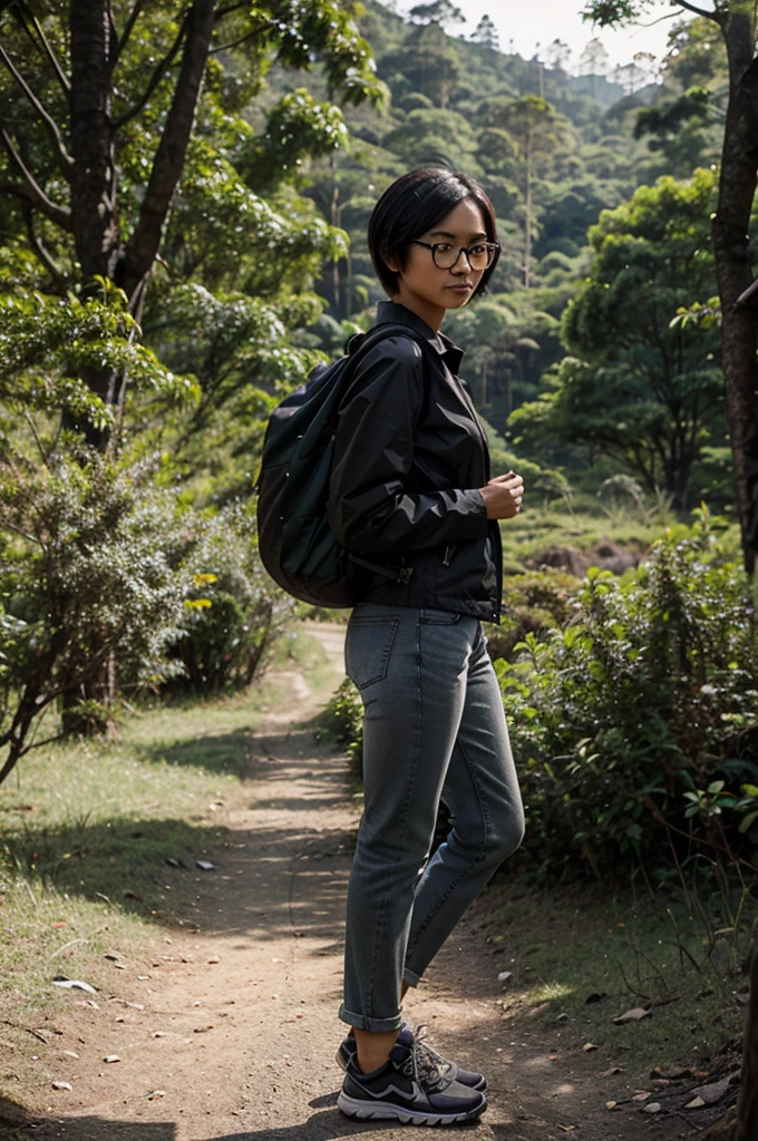 Indonesian women,neat short hair,wearing glasses,wearing a black mountain jacket,jeans,gray shoes,carrying a backpack,standing pose,forest background,real afternoon effects, realistic details