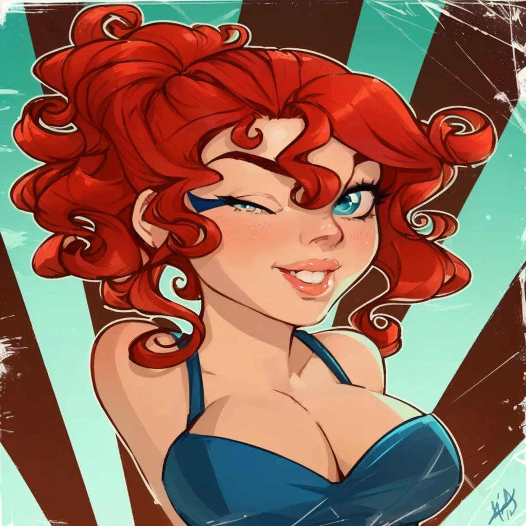 a cartoon drawing of a woman with red hair and blue dress, inspired by Lois van Baarle, comic pinup style, cartoon artstyle, artgerm and lois van baarle, pinup, succubus in sundress portrait, pinup art, sultry smirk, girl pinup, commission for high res, pinup girl, with curly red hair, cartoon art style
