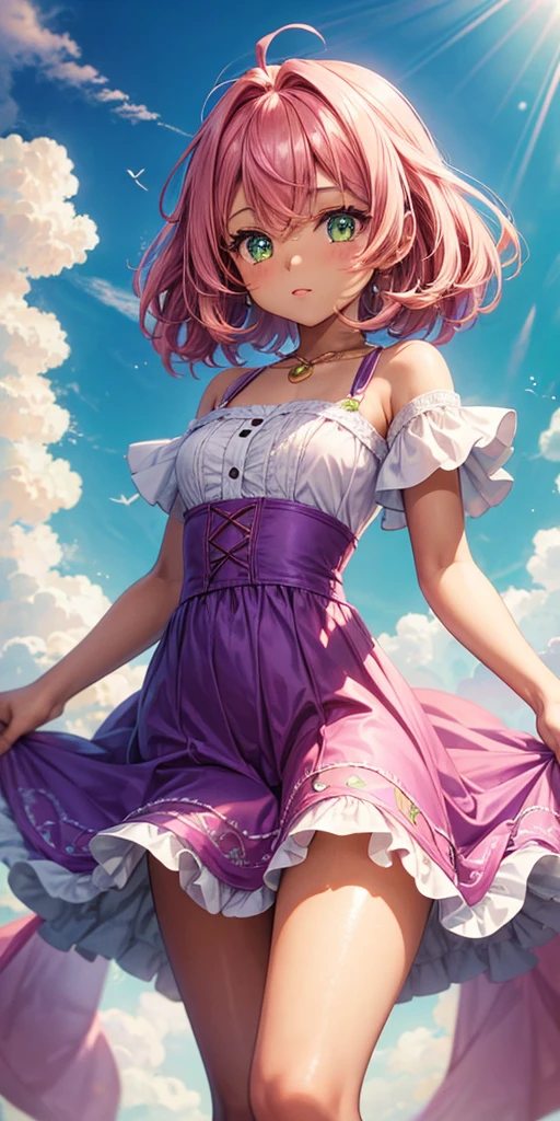 Cute girl, brown skin, with very pink hair, tall hair, power green eyes like light, flying, sky Background, purple dress