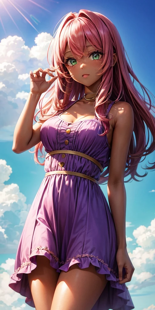 Cute girl, brown skin, with very pink hair, tall hair, power green eyes like light, flying, sky Background, purple dress 