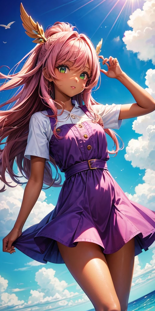 Cute girl, brown skin, with very pink hair, tall hair, power green eyes like light, flying, sky Background, purple dress