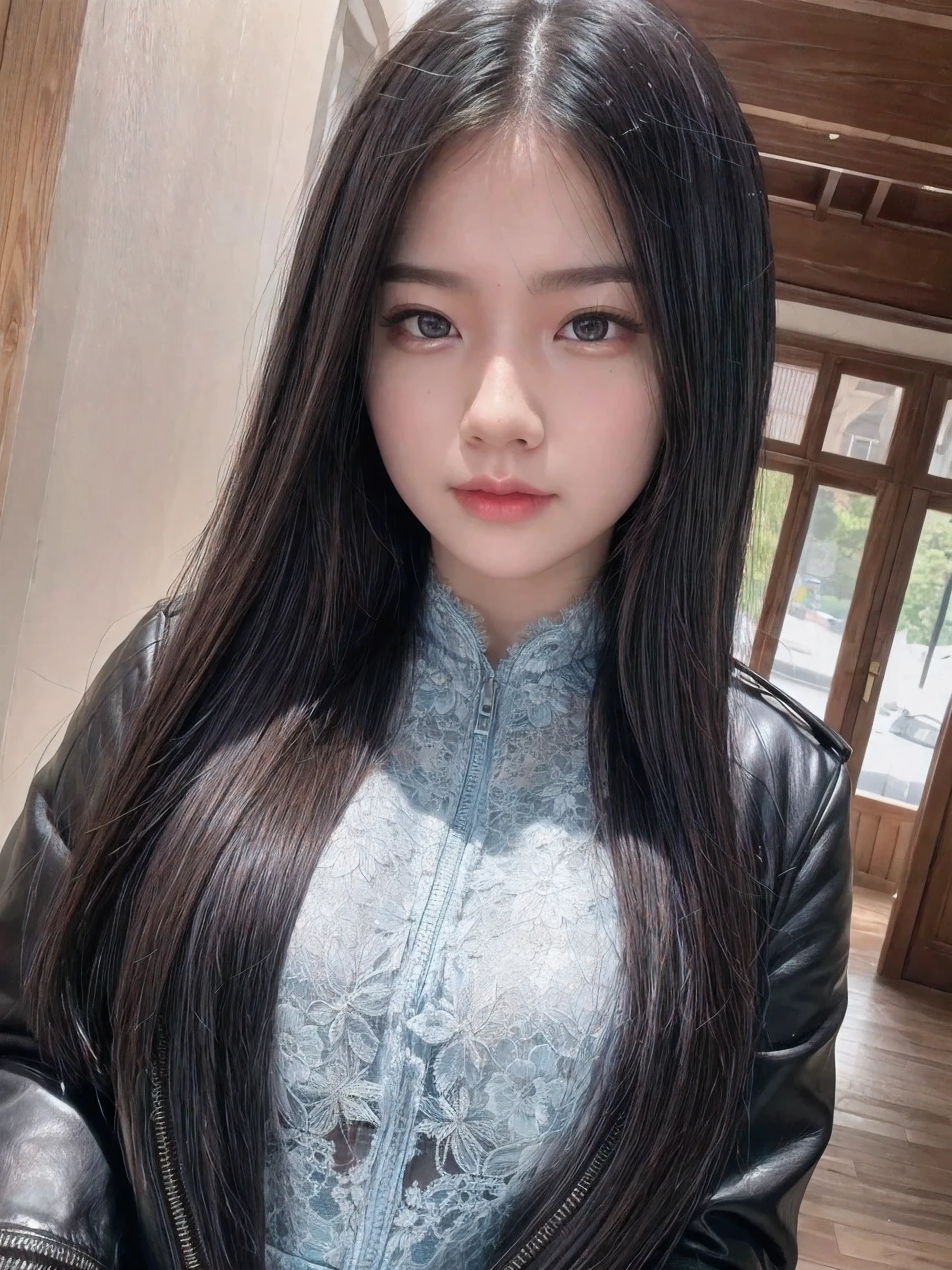 (black riders jacket:1.1), (masterpiece, best quality, pretty girl, beautiful face, 8k, raw photo, photorealistic, absurdres:1.2), teens, cowboy shot, dutch angle, facelight, film grain, chromatic aberration, highres, ultra detailed, finely detail, light blue frilled lace dress, detailed skin and eyes and face, sharp pupils, realistic pupils, sharp focus, street