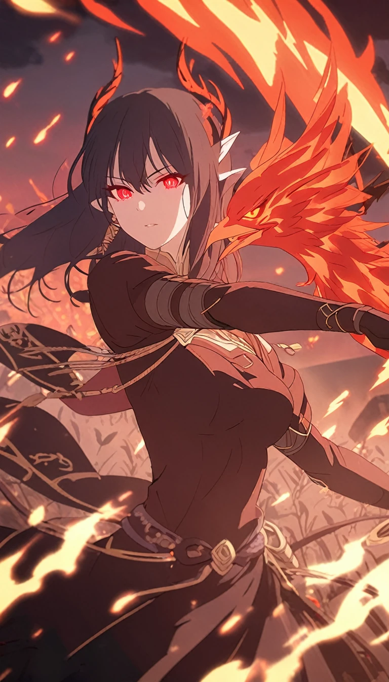 1woman, elven ears, darkness god, fire black hair, straight hairstyle, glowing red eyes, black roses field, fire bird, warrior, elegant thai combat,