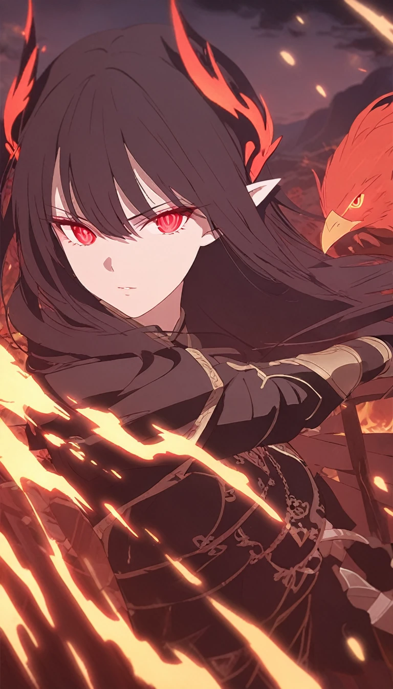 1woman, elven ears, darkness god, fire black hair, straight hairstyle, glowing red eyes, black roses field, fire bird, warrior, elegant thai combat,