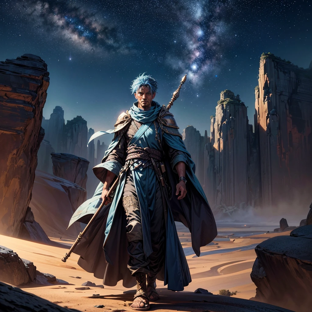 ((A man walking through the arid desert terrain of an unknown alien world.  He carries a wooden walking staff and wearing long flowing robes of brilliant blue.  He comes to a stop, as if looking at something in the distance that has caught his eye)), ((fog and mist)), ((stars, nebula, and moons in vibrant background sky)), superb render, (sand and rock textures), sublime texturing, extreme detail and resolution, insanely detailed and intricate, 8k, RAW image, hyper resolution, rule of thirds