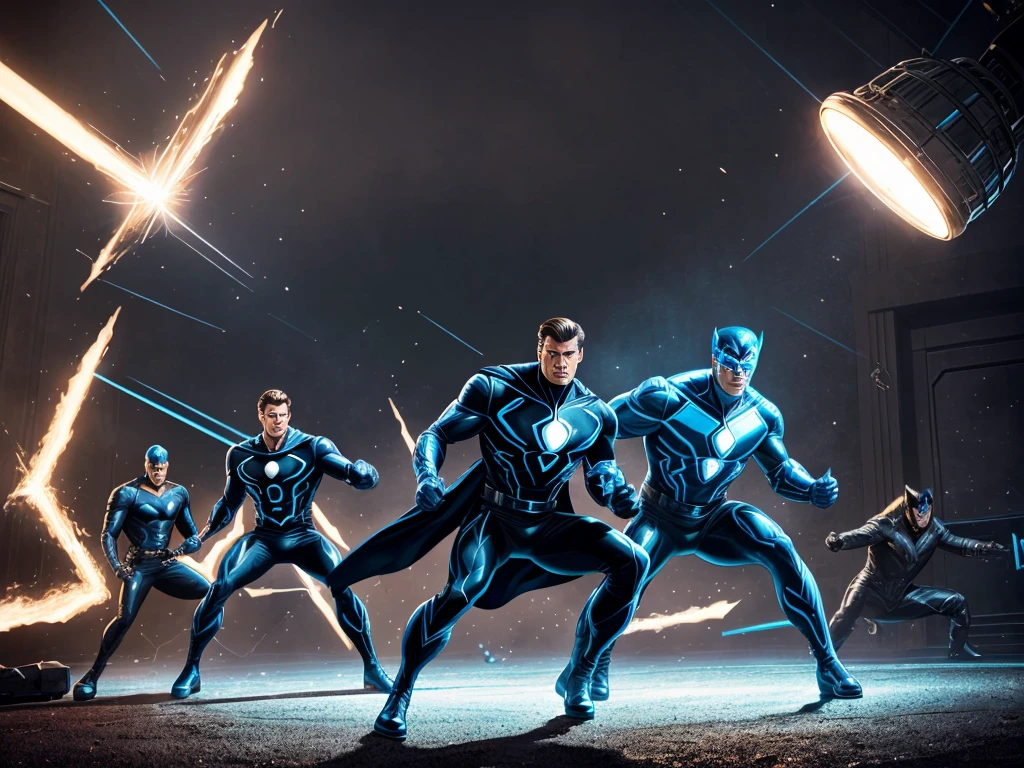 Anson Mount as Black Bolt, Inhumans in 1950s, 8k, Blue Beetle costume, retro futuristic comics, vintage comic style, highly detailed, cinematic lighting, dynamic pose, photorealistic, dramatic shadows, vibrant colors, chiaroscuro, intricate textures, dramatic atmosphere