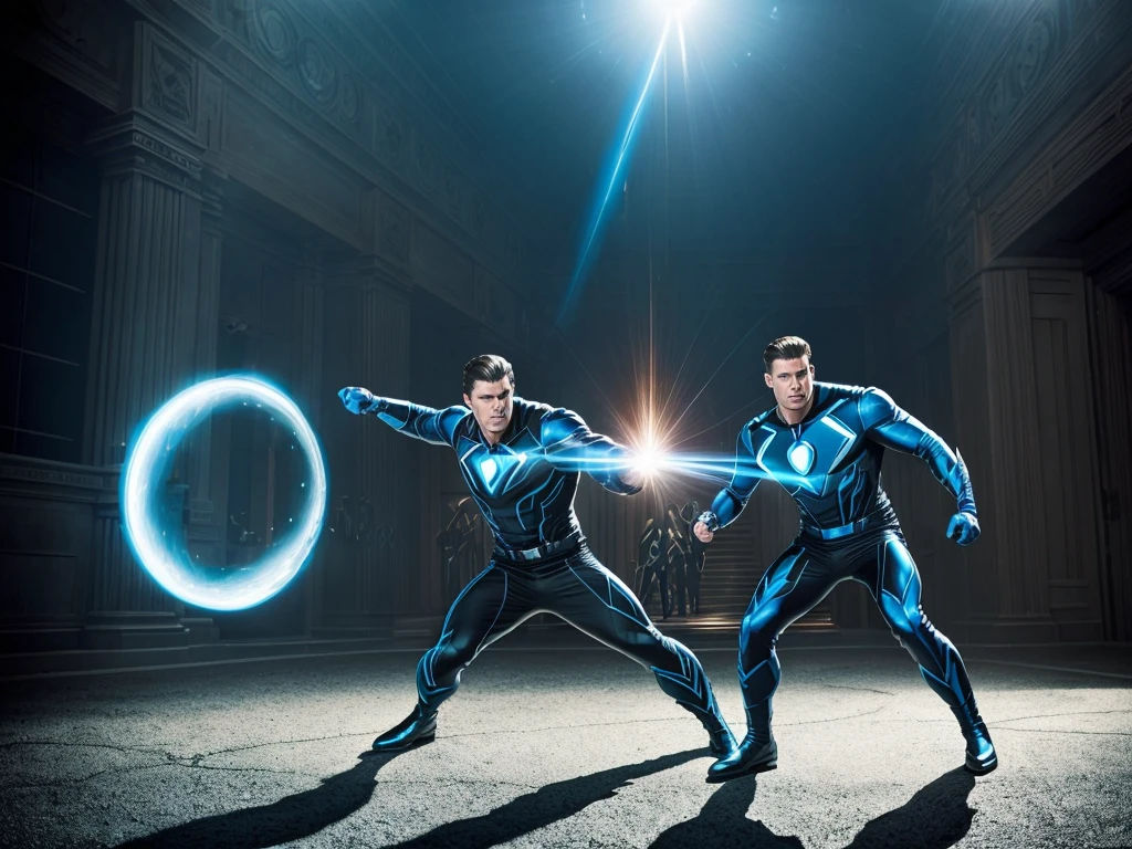 Anson Mount as Black Bolt, Inhumans in 1950s, 8k, Blue Beetle costume, retro futuristic comics, vintage comic style, highly detailed, cinematic lighting, dynamic pose, photorealistic, dramatic shadows, vibrant colors, chiaroscuro, intricate textures, dramatic atmosphere