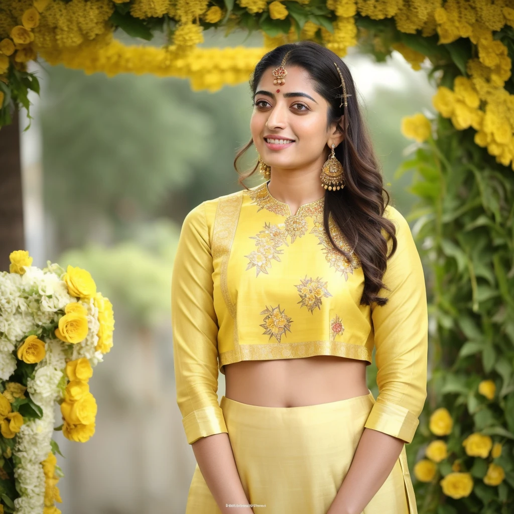 anusha bhatia in a mustard top and skirt, wearing yellow floral blouse, wearing yellow croptop, very extremely beautiful, traditional beauty, extremely beautiful, promo image, fanart, stylish, cute beautiful, mixed art, print ready, gorgeous lady, indian, handsome girl, beutiful, actress, freida pinto, with yellow cloths, candid picture, extremely intricate,