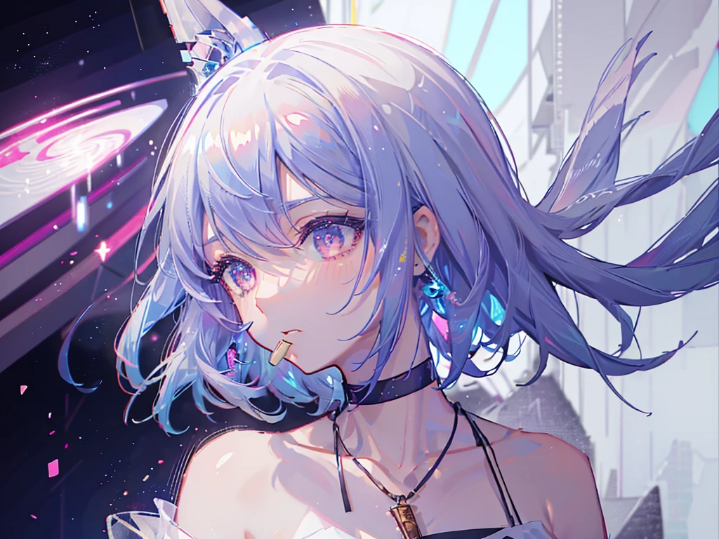8k wallpaper,tmasterpiece,cinmatic lighting,top Quority,illustratio,Dramatic angles,((a color:1.1)),((Colored inner hair:1.4)),
1girll, solo, long blue hair, SakuraNS, Pink eyes, Cross necklace, parted lip, a white choker, liquid hair, Light blue hair, By bangs, By bangs, From the side Side, contours, The upper part of the body, blue hairs, simple backgound, pink back ground, exposed bare shoulders, sportrait, looking at viewert, white dresses, hairsbetweeneyes, colorfulhair, Galaxy Background, Nebula, 耳Nipple Ring,jewely, majestic space creature, eating hamburger