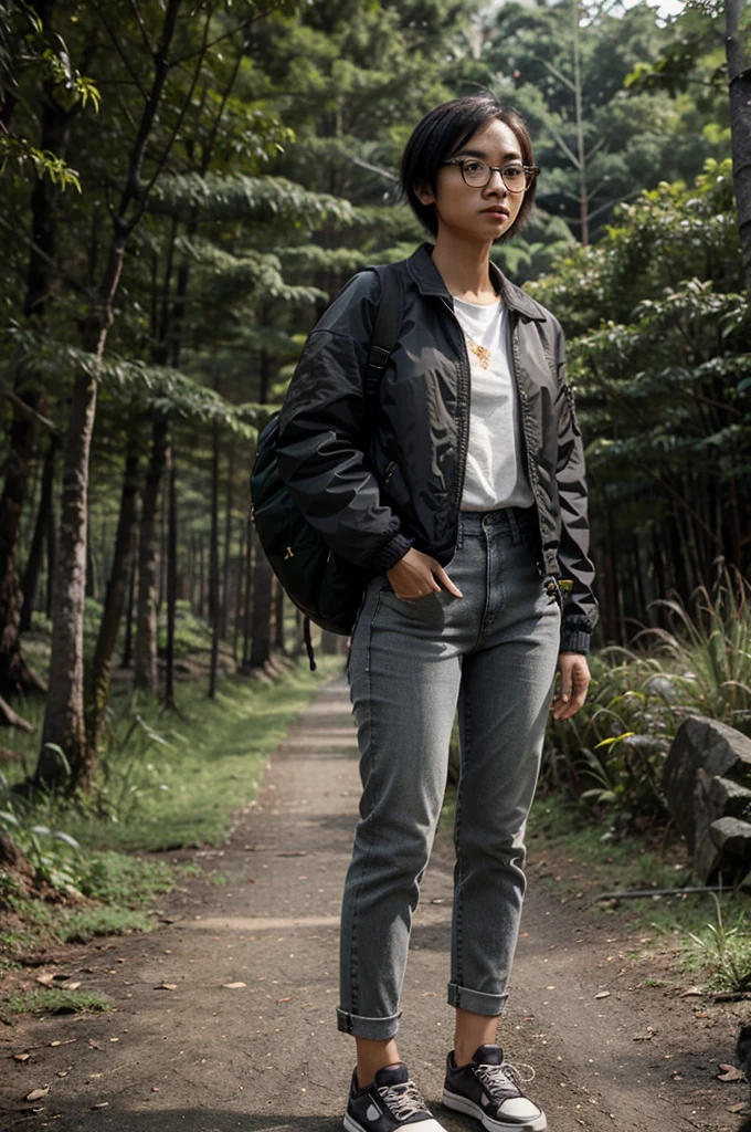 Indonesian women,neat short hair,wearing glasses,wearing a black mountain jacket,jeans,gray shoes,carrying a backpack,standing pose,forest background,real afternoon effects, realistic details