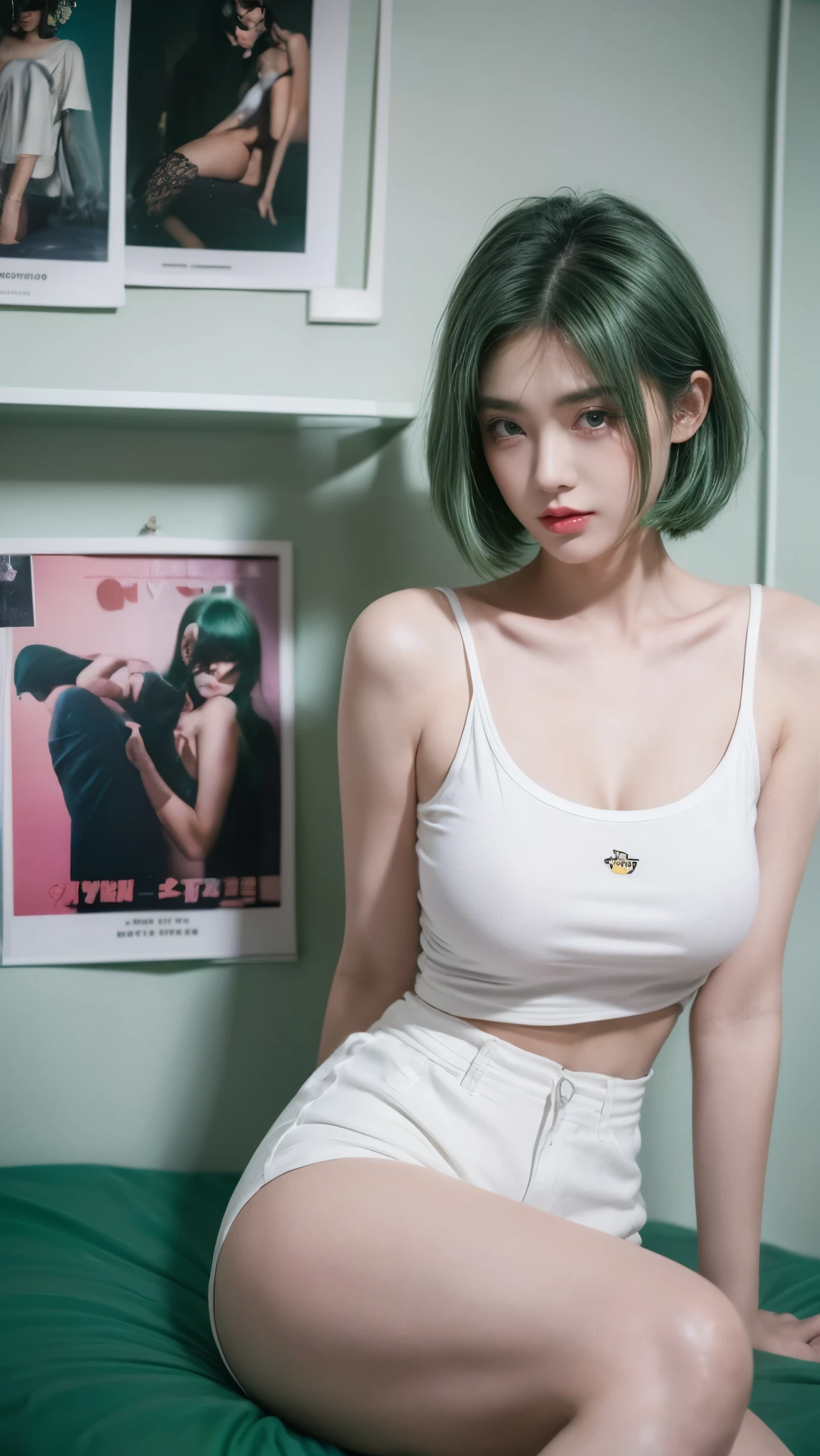 21yo girl, green hair, bob Hair. (Wearing white oversize tshirt, show shoulders), wearing hot pants, cleavage, natural big breast, show big thigh, plump body, hands on the wall, back to back, face forward. Dark background. Voncrete background. Magenta Polaroid. Retro. Flash light