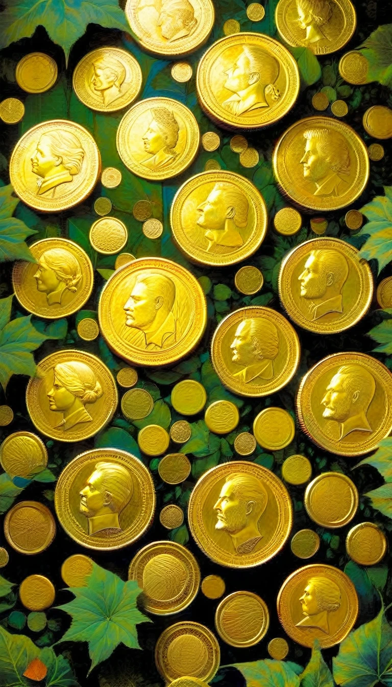 nine large gold coins on the ground of a leafy garden (Dave Mckean inspired art, intricate details, oil painting)