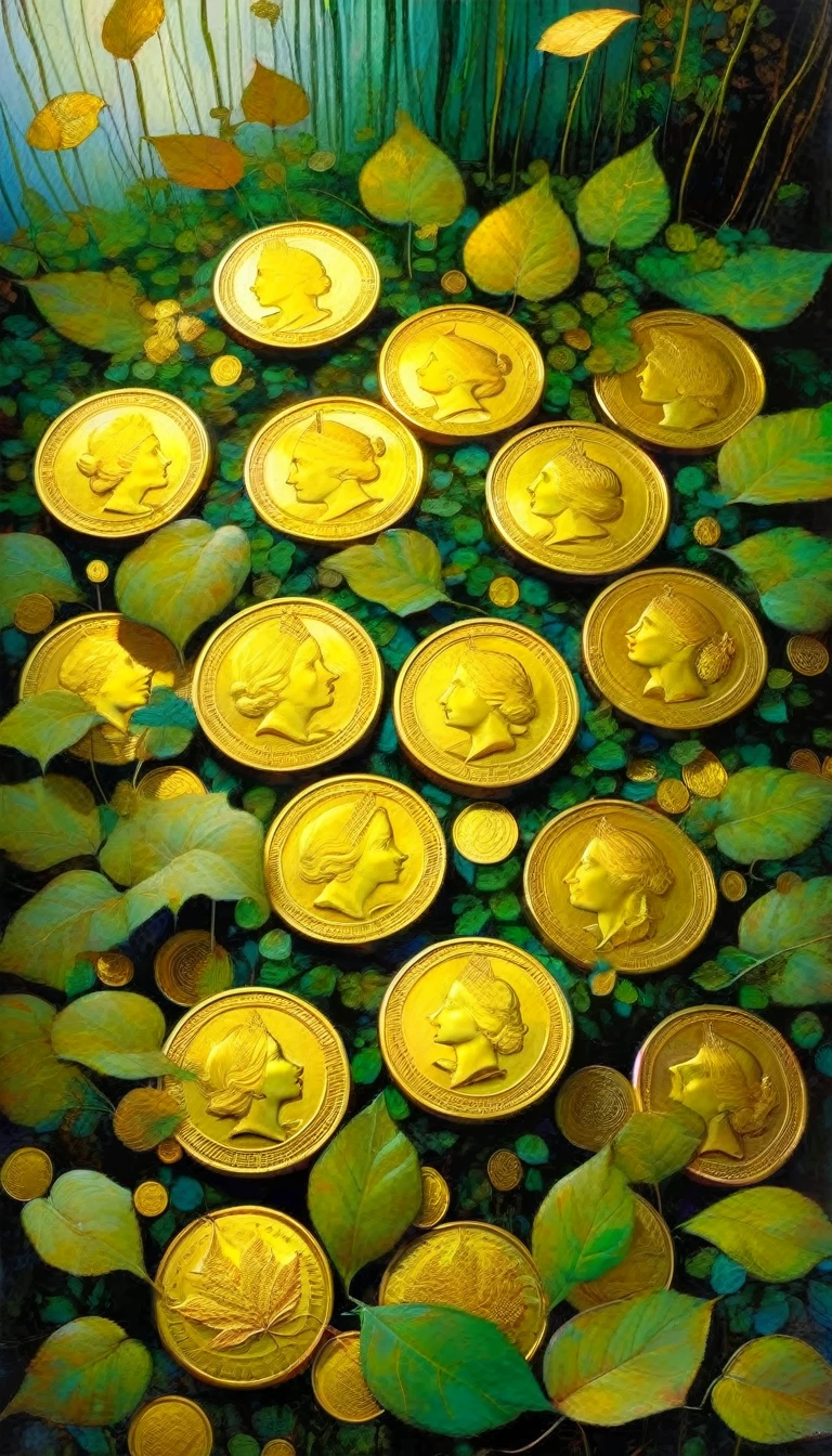 nine large gold coins on the ground of a leafy garden (Dave Mckean inspired art, intricate details, oil painting)