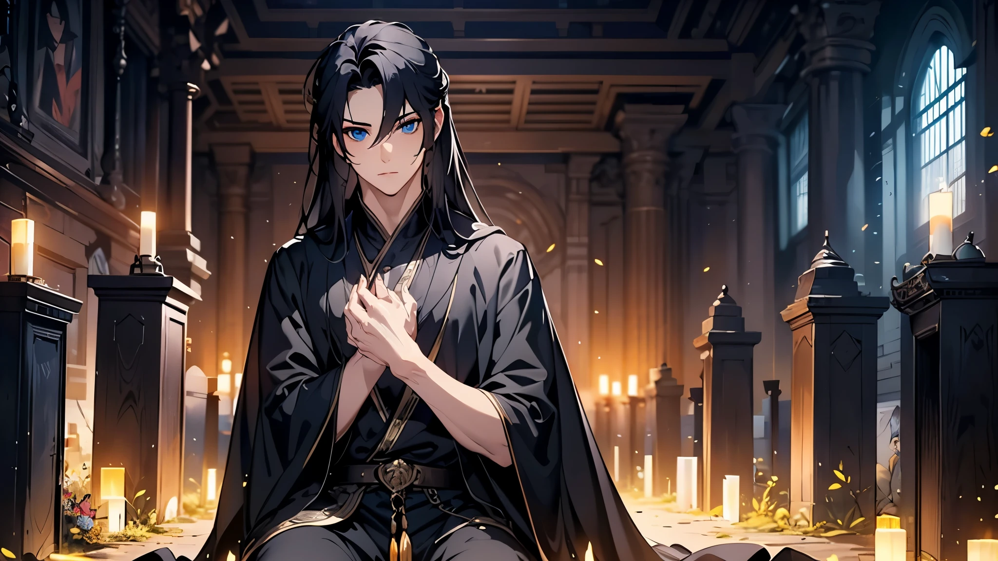 Cemetery,grave,A man alone,Grave,Kneeling,Correct proportions,Facial details,Black robe,Clothing details,transfer,Long sleeve,Game quality,fencing,Ray Tracing,Ray Tracing,Delicate glow,CG Rendering,Hair details,Black long hair,blue eyes,Handsome,Handsome,(The feeling of youth),The costumes are complicated,Perfect composition,Refinement,high quality,More details,Lots of details,Complex background,Sense of atmosphere,