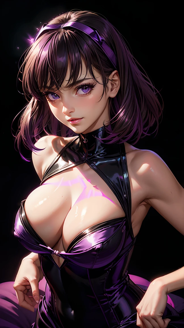 vector image, vibrant colours, smooth gradation, best quality, masterpiece, absurdres, ((isolated)), (((pitch black background))), (detailed face and eyes:1.2), smirking, detailed beautiful eyes, eyelashes, glossy full lips, sensual, volumetric lights, medium shot, ((half body shot)), bursting out breasts, busty, full cleavage, curvaceous, (((11yo))), thin tight satin dress, (((purple tinted lighting)))