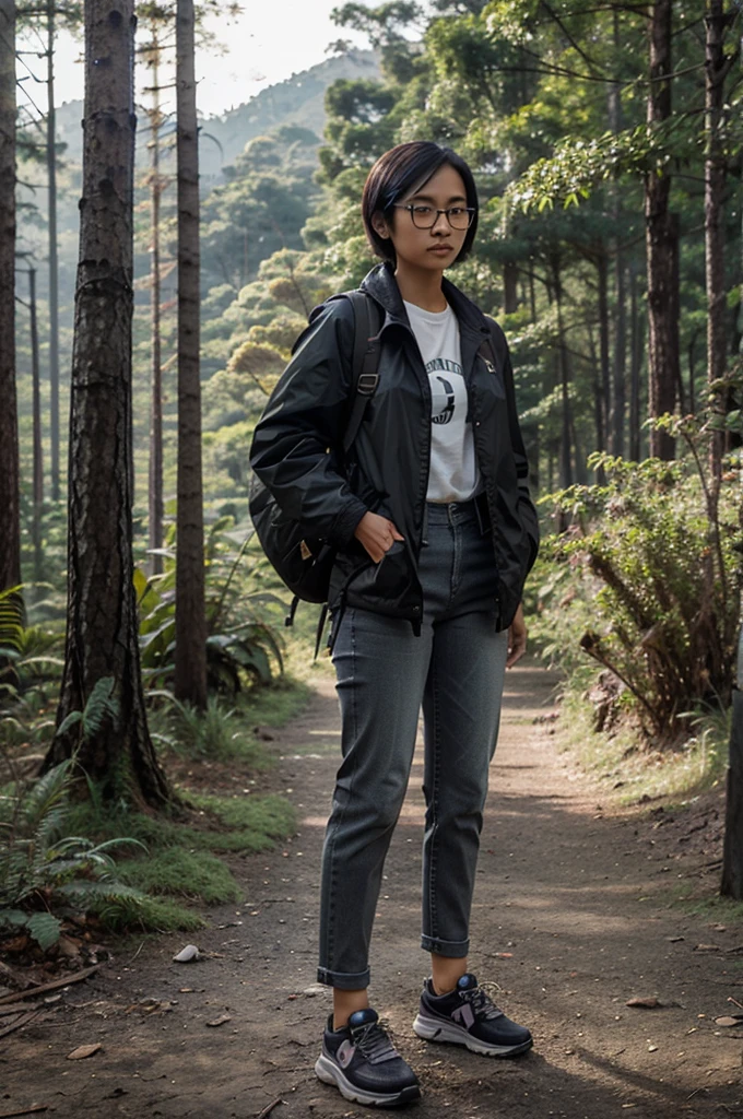 Indonesian women,neat short hair,wearing glasses,wearing a black mountain jacket,jeans,gray shoes,carrying a backpack,standing pose,forest background,real afternoon effects, realistic details
