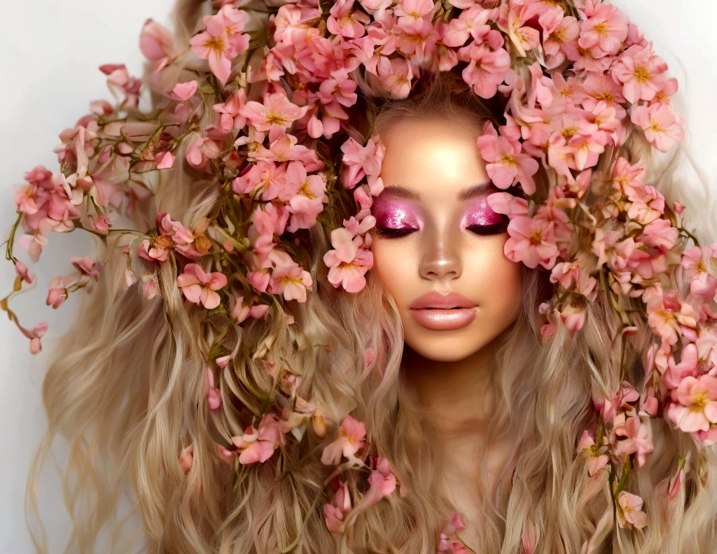 A woman's face with floral hair covering her eyes with cream-colored background