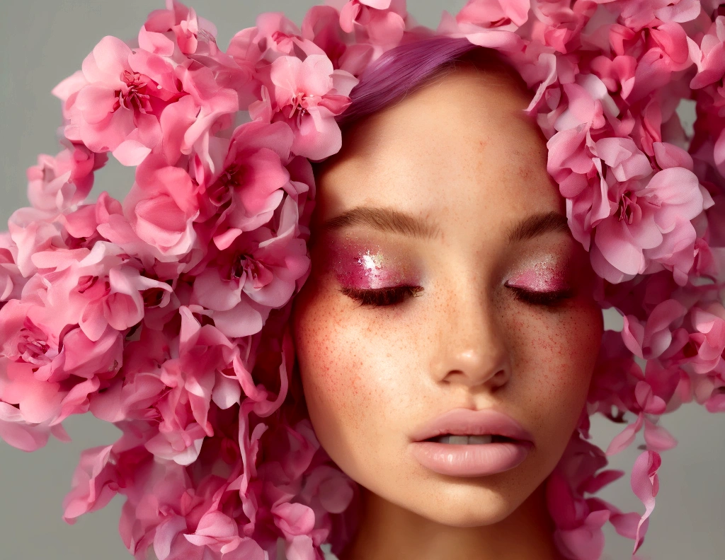 A woman's face with floral hair covering her eyes with cream-colored background