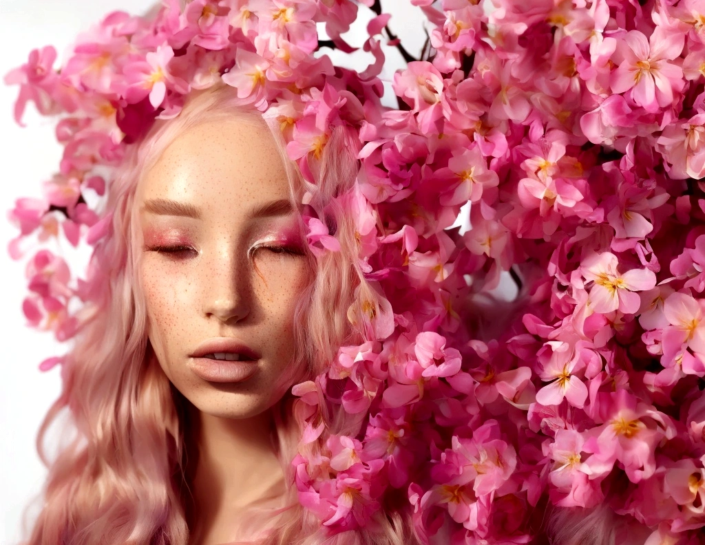 A woman's face with floral hair covering her eyes with cream-colored background