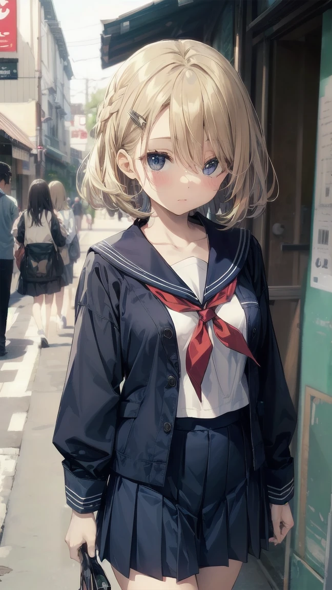 highest quality, moe anime art style, best 8K anime wallpaper Kona-chan, Pixiv contest winners, perfect anatomy, (please draw a girl walking sleepily to school), break, 1 girl, (alone at night, 19 years old: 1.9 with a dark adult face), high school student, short hair, quantity, (hair above one eye: 1.7), frown, all limbs, full finger, medium breasts, between legs, small eyes, precise black eyes, hair clip, (sailor costume: 1.5), (school uniform: 1.5) skirt near the knee. Break, super detailed, high resolution, super dense skin, professional lighting, 8K eye details, (cute illustration: 1.2), blonde, blonde hair, expressionless, (hair above one eye: 1.5), sailor uniform, she was sleepy and walking in a dark alley in Japan