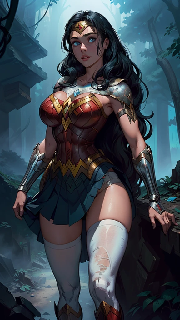 (Best quality,A high resolution,Ultra - detailed,current),Wonderwoman, short wonderwoman dress, white thigh stockings, long black hair, (Ruined dungeon ruins cyberpunk dark forest background :1.4 ), More detailed 8K. unreal engine:1.4,UHD,Best quality:1.4, photorealistic:1.4, skin texture:1.4, masterpiece:1.8,raw-work, best quality,object Object], (detailed face features:1.3),(The correct proportions), (cowboy pose), (wonderwoman:1.4), (wonderwoman V2.1), (perfect anatomy :1.4), (large breasts),(no mutations), (dynamic cowboy pose), (face detailed :1.4), (showing panties),(white stockings and suspenders),(wonderwoman dress) (cinematic lighting :1.4), score_9, score_8_up, score_7_up, score_6_up, rating_explicit, 1girl, ((18YO: 1.2)), Adult, full lips, big clear eyes, blue eyes, ((black hair:1)), (long wavy hair: 1.2), (forest background big trees), ( skirt lifted by itself: 1.1), (skirt lift: 1.3), (showing white panties: 1.3),score_9, score_8_up, score_7_up, score_6_up, rating_explicit, 1girl, ((18YO:1.2)), Adult, full lips, big clear eyes, blue eyes, ((black hair:1)), (long wavy hair: 1.2),(face detailed V2.1)