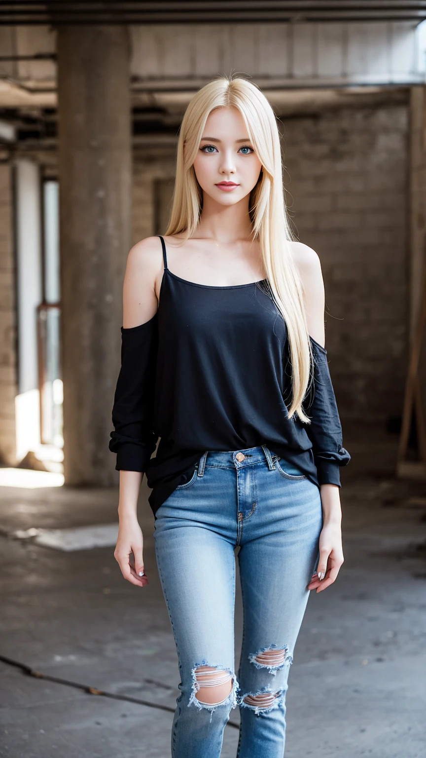 a one woman ((blonde)) com blue colored eyes esbelta blonde ((long straight blonde hair)), ((blue colored eyes)), black lipstick on the lips with a slight smile, wearing a loose black shirt that exposes the shoulders ,and jeans with black boots, is standing posing for a photo with hands on waist, the environment is the interior of a building under construction with bags of cement stacked with some bricks, sunlight illuminates the woman, In the background you can see the landscape of a city with buildings in the background, professional photography quality the image highlights the quality of the photography and the beauty of the woman's eyes and hair including her clothes the framing captures the entire woman standing, highlighting the shine of your blue eyes.