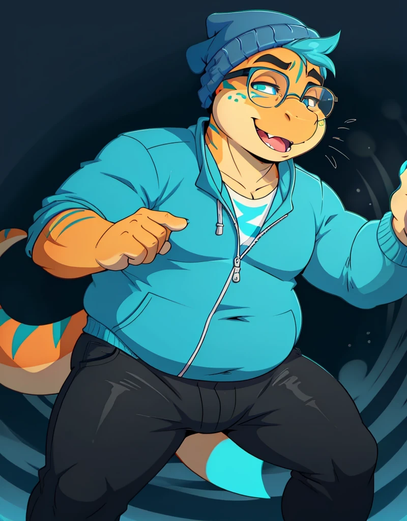 A male orange chubby anthropomorphic lizard with cyan stripes wearing, a blue jacket, glasses, black jeans, and a blue beanie, waveing, solo