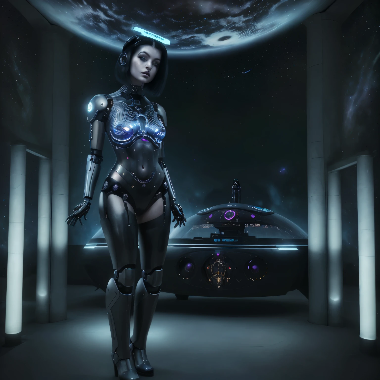Sexy girl posing with a gothic style among hieroglyphs where you can see a part of the cosmos while she looks like a futuristic robotic in 4k