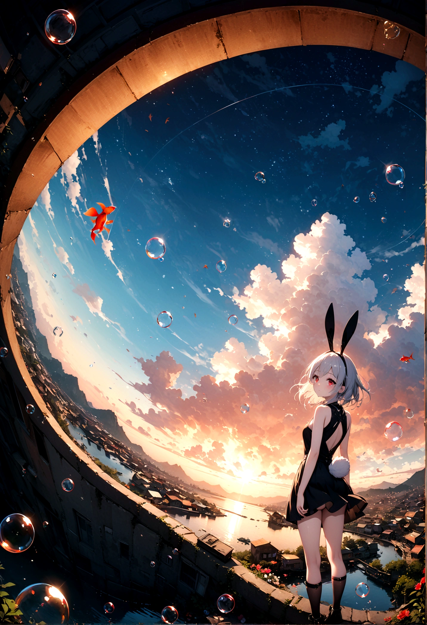 woman\(student, JK, Short silver hair floating, Space-colored eyes, black , Pale skin, Tired face、lack of shine in the eyes\) Looking up at the sky, Many cute little goldfish with shining red scales are swimming in the air, Transparent bubbles, like those in water, sparkle here and there in the sky., Beautiful sky, Beautiful Clouds, there are puddles at ground and the landscape is reflecting beautifully, Looking up at the wide sky from the cramped back alleys of the slums, Summer flowers are blooming everywhere, I see the wind blowing and shining, There is a noon moon and a noon star in the sky,From below, break ,quality\(8K,非常に精細なCGユニットのwallpaper, masterpiece,High resolution,top-quality,top-quality real texture skin,Surreal,Increase the resolution,RAW Photos,最高quality,Very detailed,wallpaper,Cinema Lighting,Ray-tracing,Golden Ratio\),(Long Shot),Wide Shot,landscape,arched back、looking back、flustered、It has a rabbit tail、Bunny ears、Red eyes