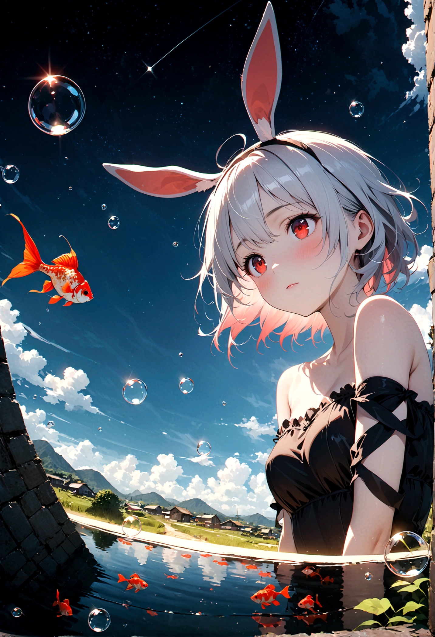 woman\(student, JK, Short silver hair floating, Space-colored eyes, black , Pale skin, Tired face、lack of shine in the eyes\) Looking up at the sky, Many cute little goldfish with shining red scales are swimming in the air, Transparent bubbles, like those in water, sparkle here and there in the sky., Beautiful sky, Beautiful Clouds, there are puddles at ground and the landscape is reflecting beautifully, Looking up at the wide sky from the cramped back alleys of the slums, Summer flowers are blooming everywhere, I see the wind blowing and shining, There is a noon moon and a noon star in the sky,From below, break ,quality\(8K,非常に精細なCGユニットのwallpaper, masterpiece,High resolution,top-quality,top-quality real texture skin,Surreal,Increase the resolution,RAW Photos,最高quality,Very detailed,wallpaper,Cinema Lighting,Ray-tracing,Golden Ratio\),(Long Shot),Wide Shot,landscape,arched back、looking back、flustered、It has a rabbit tail、Bunny ears、Red eyes