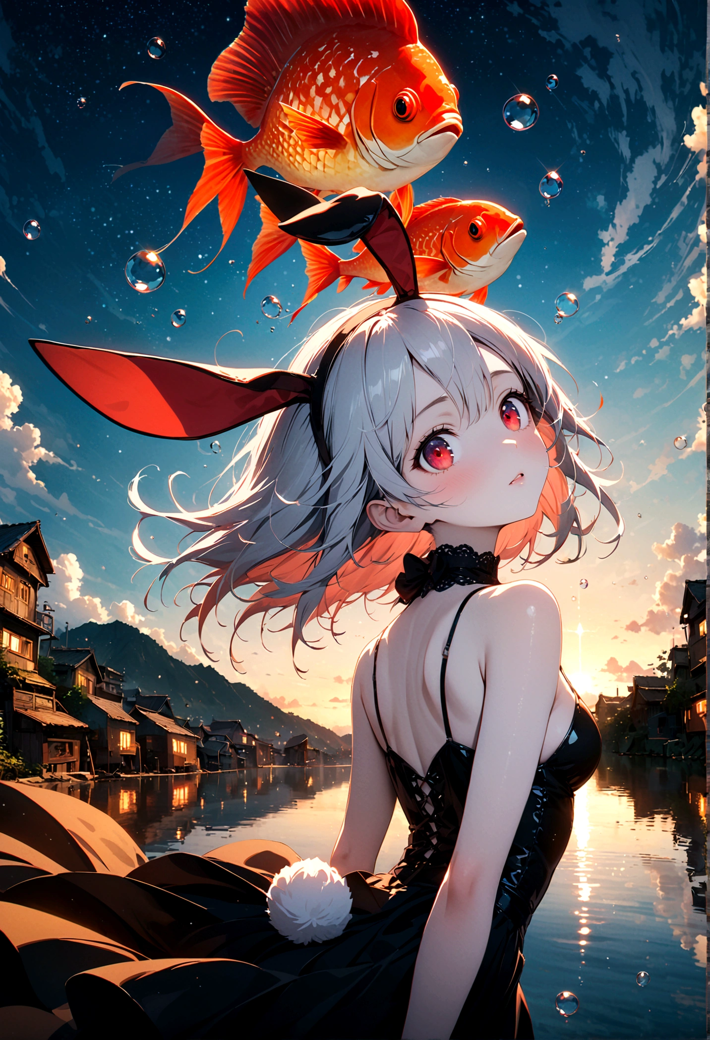 woman\(student, ＪＫ, Short silver hair floating, Space-colored eyes, black , Pale skin, Tired face、lack of shine in the eyes\) Looking up at the sky, Many cute little goldfish with shining red scales are swimming in the air, Transparent bubbles, like those in water, sparkle here and there in the sky., Beautiful sky, Beautiful Clouds, there are puddles at ground and the landscape is reflecting beautifully, Looking up at the wide sky from the cramped back alleys of the slums, Summer flowers are blooming everywhere, I see the wind blowing and shining, There is a noon moon and a noon star in the sky,From below, break ,quality\(8K,非常に精細なCGユニットのwallpaper, masterpiece,High resolution,top-quality,top-quality real texture skin,Surreal,Increase the resolution,RAW Photos,最高quality,Very detailed,wallpaper,Cinema Lighting,Ray-tracing,Golden Ratio\),(Long Shot),Wide Shot,landscape,arched back、looking back、flustered、It has a rabbit tail、Bunny ears、Red eyes