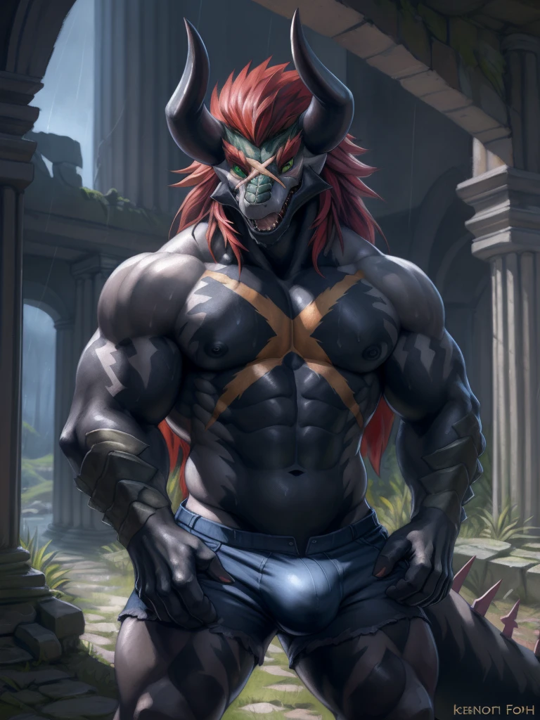 solo, breath (ultra detailed), a beautiful and detailed full size portrait of a male anthro batzz, demon lord dragon batzz, dragon tail, green eyes, detailed eyes, black body, black skin, long hair, red hair, horns, scar, tail, bedroom eyes, detailed eyes, big body, sexy body, (wide body). goddess, kenket, Ross Tran,ruan jia, trending on artstation,foxovh, cenematic lighting, buff, big pecs, vip, muscular anthro, spike arms, strong legs, looking at viewer, ((big pecs, nipples, big pecs, black shirt, blue shorts, bulge))), day, wet, front view, standing, arms behnd head, open mouth, blush, smile, ruins, interior, raining,
