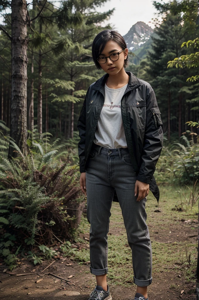 Indonesian women,neat short hair,wearing glasses,wearing a black mountain jacket,jeans,gray shoes,carrying a backpack,standing pose,forest background,real afternoon effects, realistic details