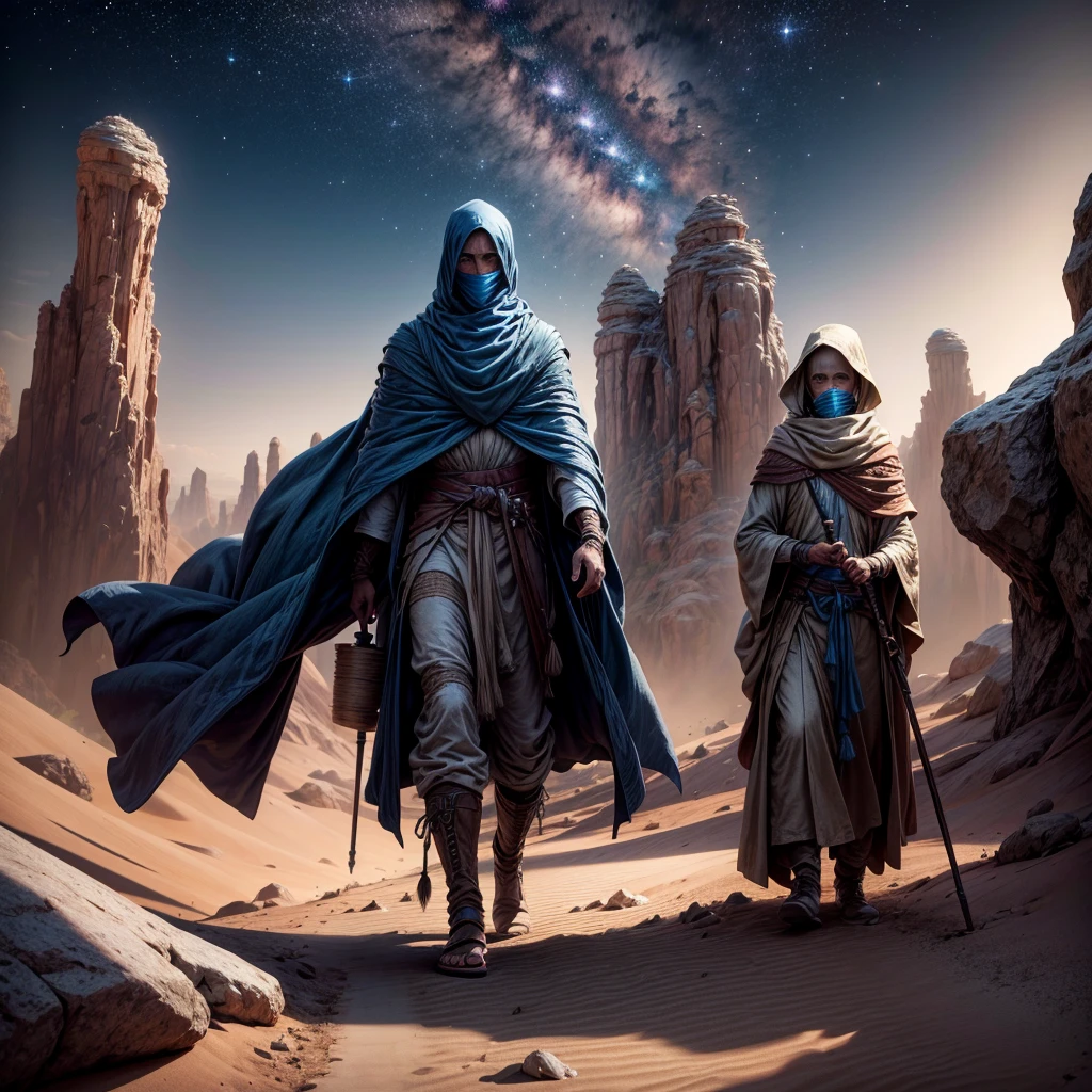 ((A man walking through the arid desert terrain of an unknown alien world. He carries a wooden walking staff and wearing long flowing robes of brilliant blue. He comes to a stop, as if looking at something in the distance that has caught his eye)), ((fog and mist)), ((stars, nebula, and moons in vibrant background sky)), superb render, (sand and rock textures), sublime texturing, extreme detail and resolution, insanely detailed and intricate, 8k, RAW image, hyper resolution, rule of thirds