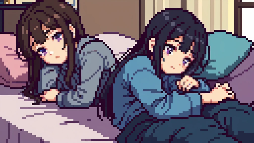 One girl, 20 years old, downtrodden girl, tired girl, confused girl, uncertain posture, long hair, black hair, brown hair. eyes with a transition from blue to purple, dark hair, anime style, 4k image, full body, modern appearance. all the details have been worked out, modern clothes, full-fledged clothes, baggy clothes, cheap clothes, detailed face, lots of details, very detailed, deep, elaborate facial expression, in the apartment, sleeping in bed, lying on the bed, sleeping