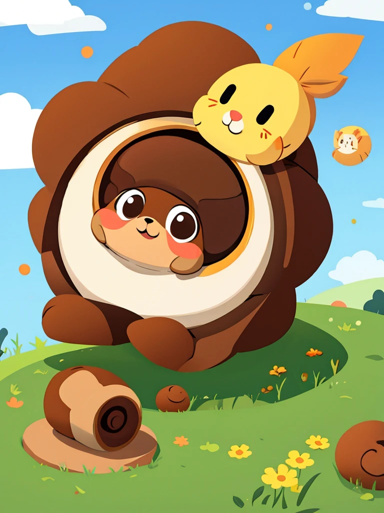 A spiral poop character, brown colored, looking at the camera, cute, 2 round eyes, adorable, spiral poop shaped, no mouth, on a grassy field