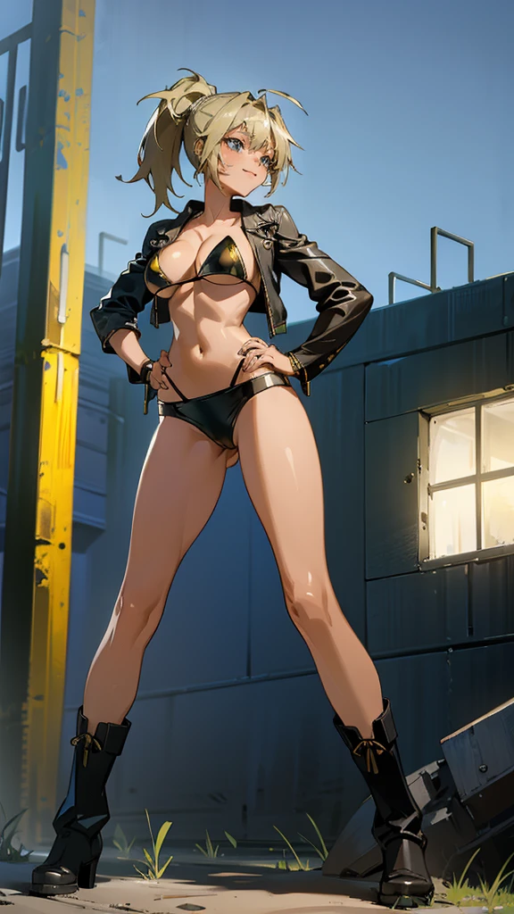 Masterpiece, best quality, Masterpiece, best quality, 1 woman , blue eyes , yellow ponytail , black leather jacket , sly face , smile , bikini , abdomen, big breasts , Long legs , boots , hands on hips , abandoned factory , at night