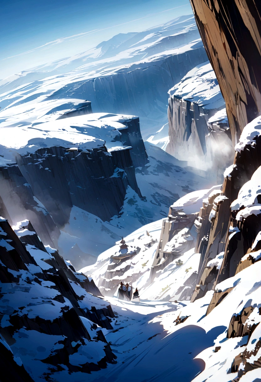 (japanese-inspired),(Snow-covered cliffs:1.4),snowscape、Ultra-long viewing angle,no man,scenecy,best qualtiy,detaileds
