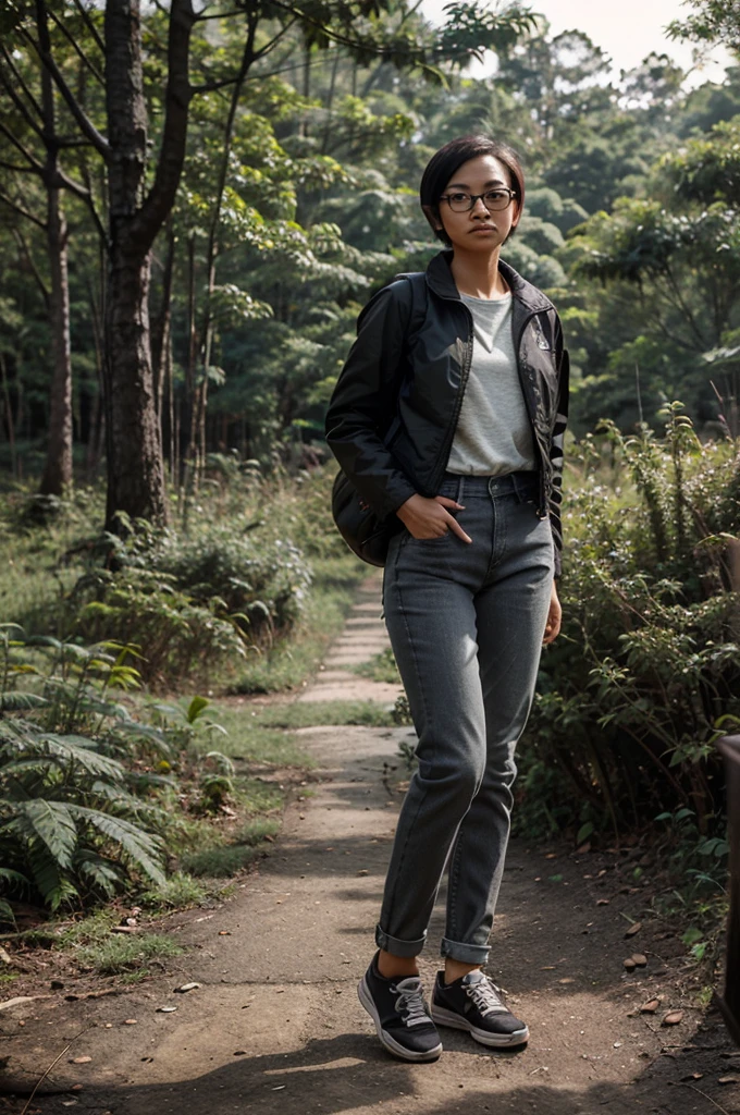 Indonesian women,neat short hair,wearing glasses,wearing a black mountain jacket,jeans,gray shoes,carrying a backpack,standing pose,forest background,real afternoon effects, realistic details