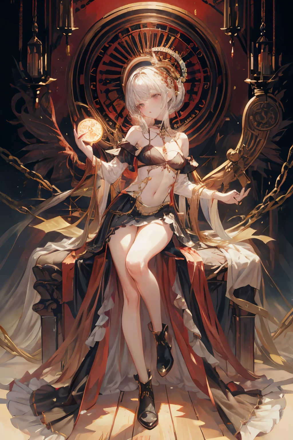  ((best quality)), ((masterpiece)), (detailed), 1girl, Character design, scholarly  female, scholar, female scholar, educator, teacher, fortune teller, palm reader, astrology, astrological symbolism, star reading, celestrial theme, heavens, heavens above, constellations, dynamic poses, long white grey hair, grey white eyes, very skinny, detailed, best quality, no accesoires around the neck, no shoes, prominent collarbones, skinny arms, flat stomach, visible hip bones, full body, blank white background, plain background, white background, red and white clothing, Bloodborne inspired, occult aesthetic, occult, detailed and intricate steampunk and detailed gothic, NSFW, Fluttering lace flared long knee length dress with frilly petticoats, knee length dress, pleated petticoats, petticoats gothic, complex lace boots, gothic aesthetic, wielding a mighty sword with mechanical components, mandalas, small breasts, a fairy, various different types of insect wings, beetle wings, NSFW, full body, whole body, body, chains, 