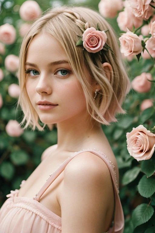 8k, photo and gross, fujifilm, Style photography of a beautiful young girl like Avril in a light pink rose garden. (very detailed skin: 1.2) Style-Petal BREAK short hair, blonde hair with colored highlights, wearing a dress, film grain, 35mm, beautiful style