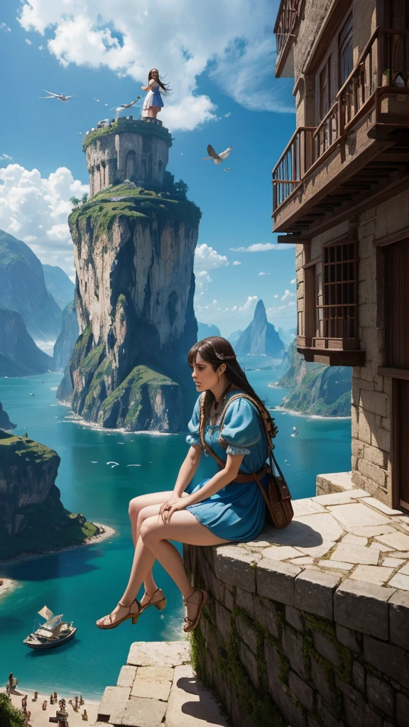Final Fantasy World. beautiful. City .a woman sitting and looking at Birds sitting on her lap, Gulliver's Travels, Gulliver's Travels, maurizio cattelan, detailed concept photography, creative image composition sports, shooting surreal object photography, by Storm Thorgerson, surreal nightmare scene, miniature photography, stills from Lord of War, by Leandro Erlich, terry gilliam, little people!! !, manipulation.Beautiful giant girl. Big thighs.