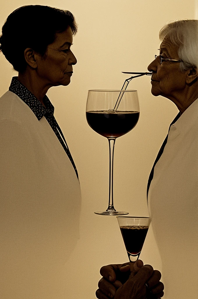 Silhouette of a grandmother and her granddaughter drinking mate together with lines