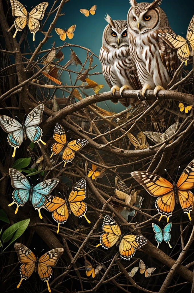 Image containing an owl, butterflies and Viking runes