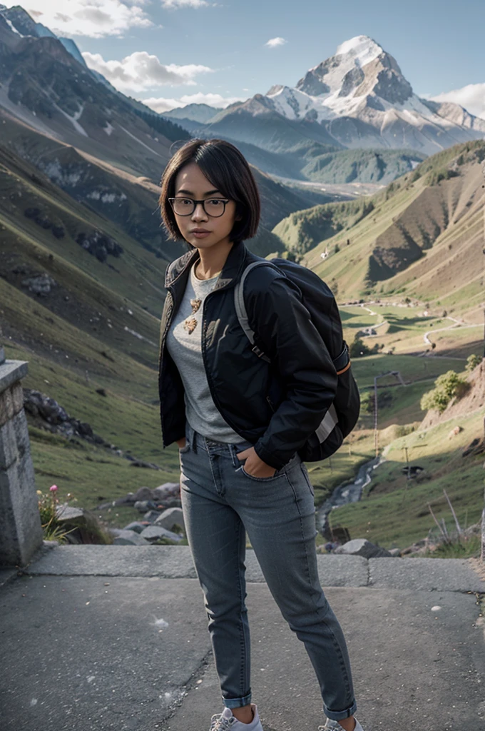 Indonesian women,neat short hair,wearing glasses,wearing a black mountain jacket,jeans,gray shoes,carrying a backpack,standing pose,mountain background,real afternoon effects, realistic details