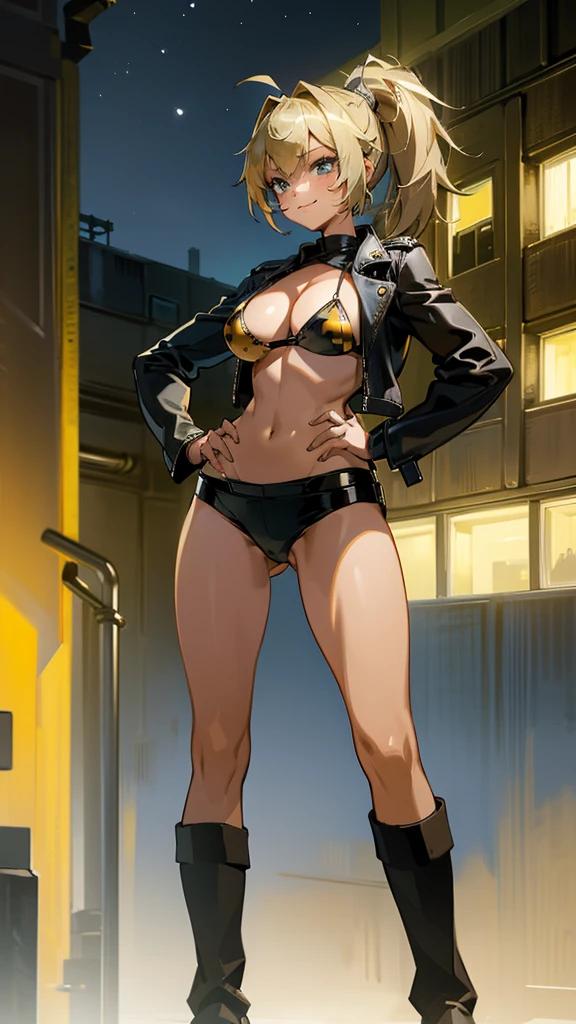 Masterpiece, best quality, Masterpiece, best quality, 1 woman , blue eyes , yellow ponytail , black leather jacket , sly face , smile , bikini , abdomen, big breasts , Long legs , boots , hands on hips , abandoned factory , at night