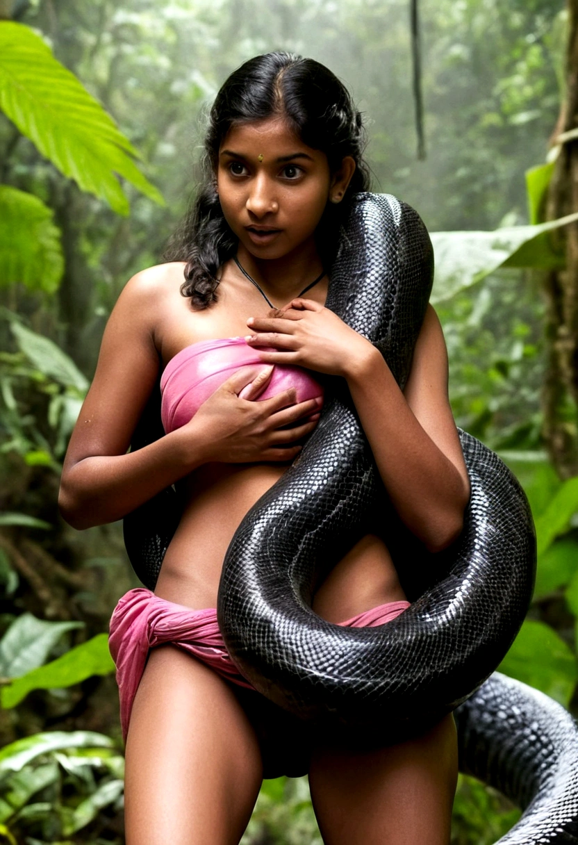 Topless pink thong wearing aroused horny beautiful happy young Indian girl vs Giant colossal black anaconda monster wrapped around her body squeezing her in coiled embrace cuddling and kissing sexual erotic bestiality sex realistic in the rainforest full body, best quality wet