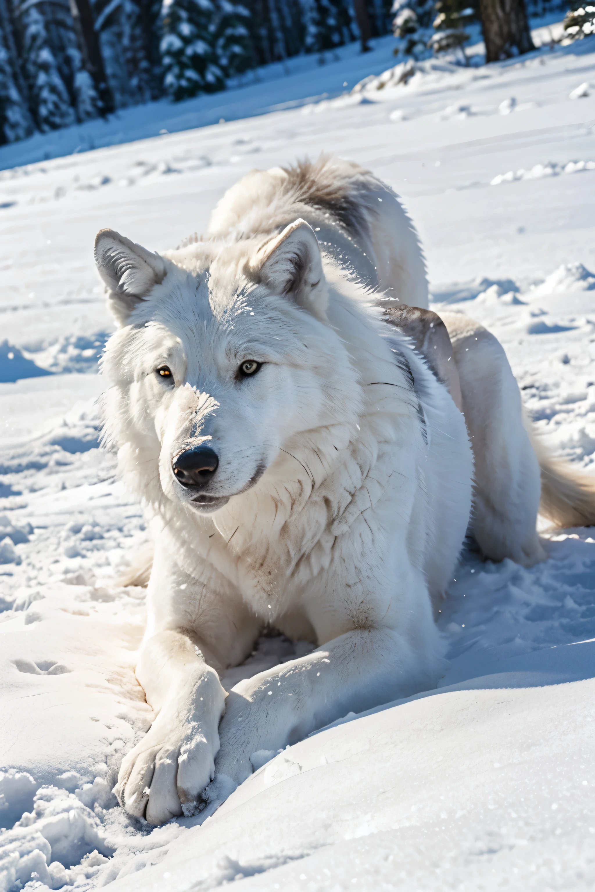 Huge white wolf laying on snow. 