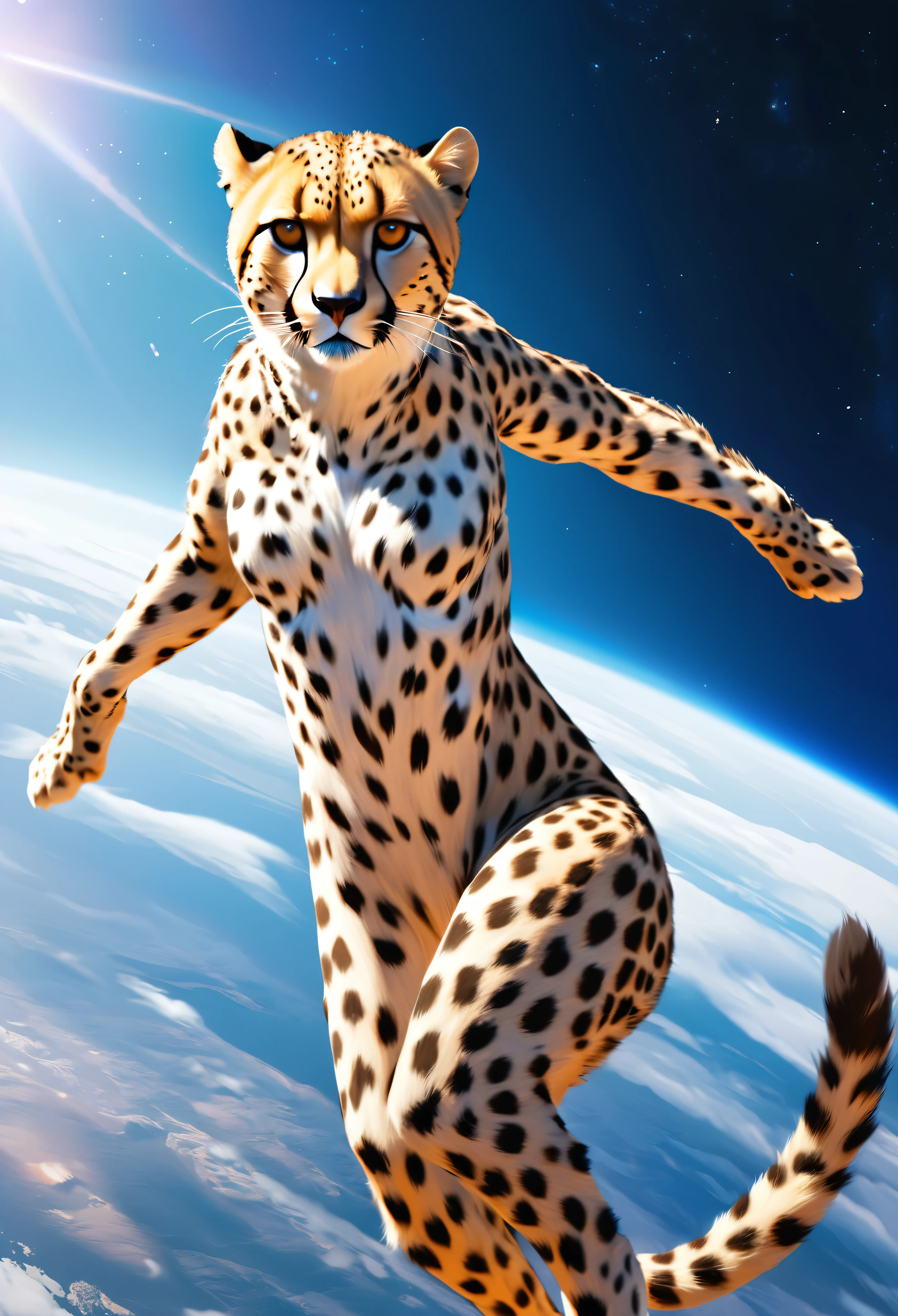 A woman with a realistic cheetah body, Attractive face of a person, Detailed and fresh, Realistic cheetah fur texture, Slender body, 120km/h jump, A big jump from Earth into space, Create an aesthetic piece, Unleash the power of AI